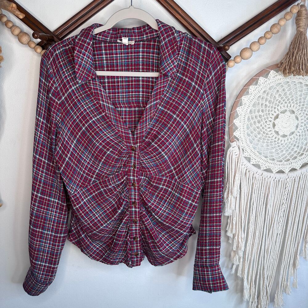Pilcro Anthropologie Plaid V Neck Ruched Top